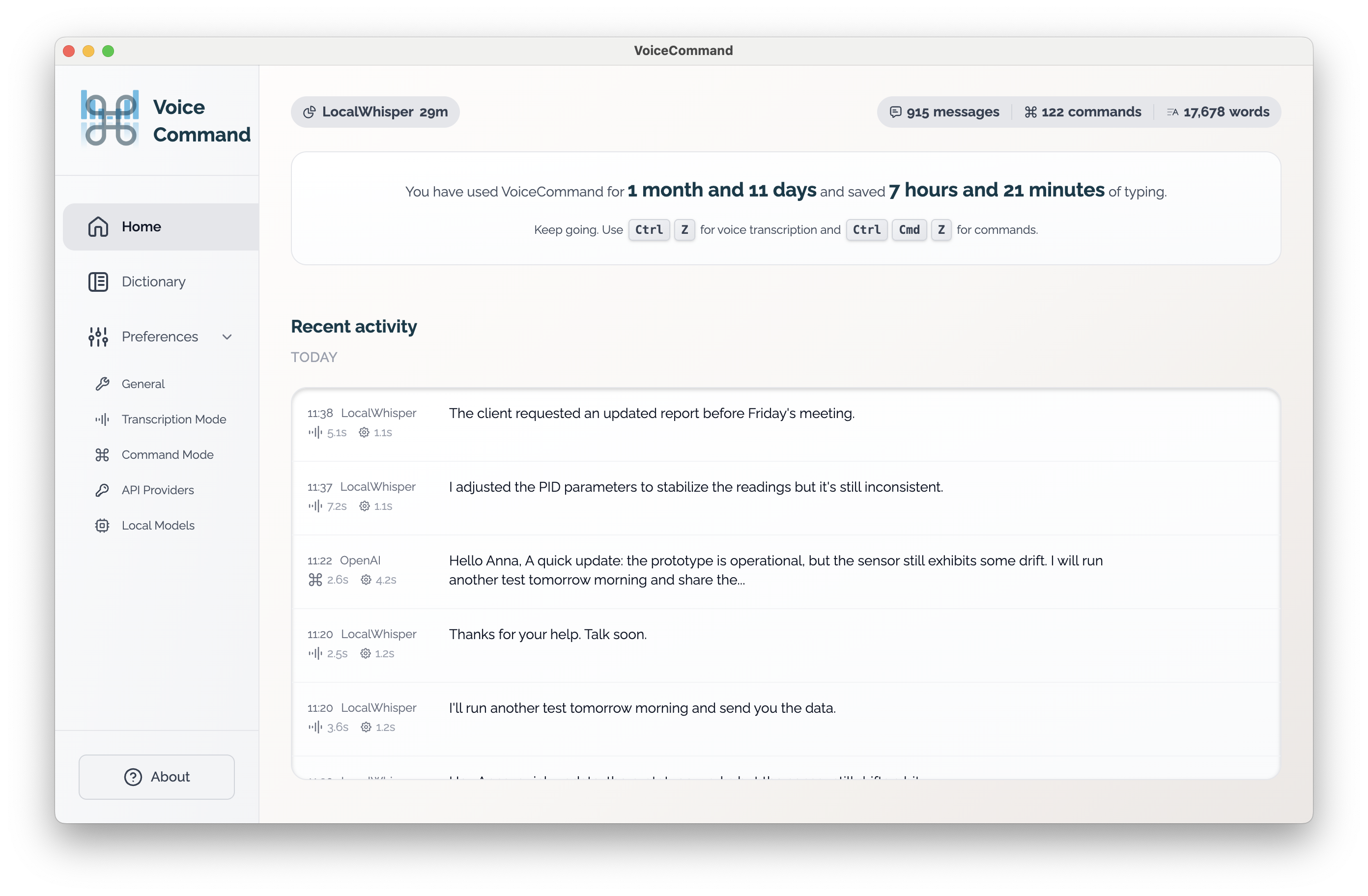 VoiceCommand dashboard screenshot