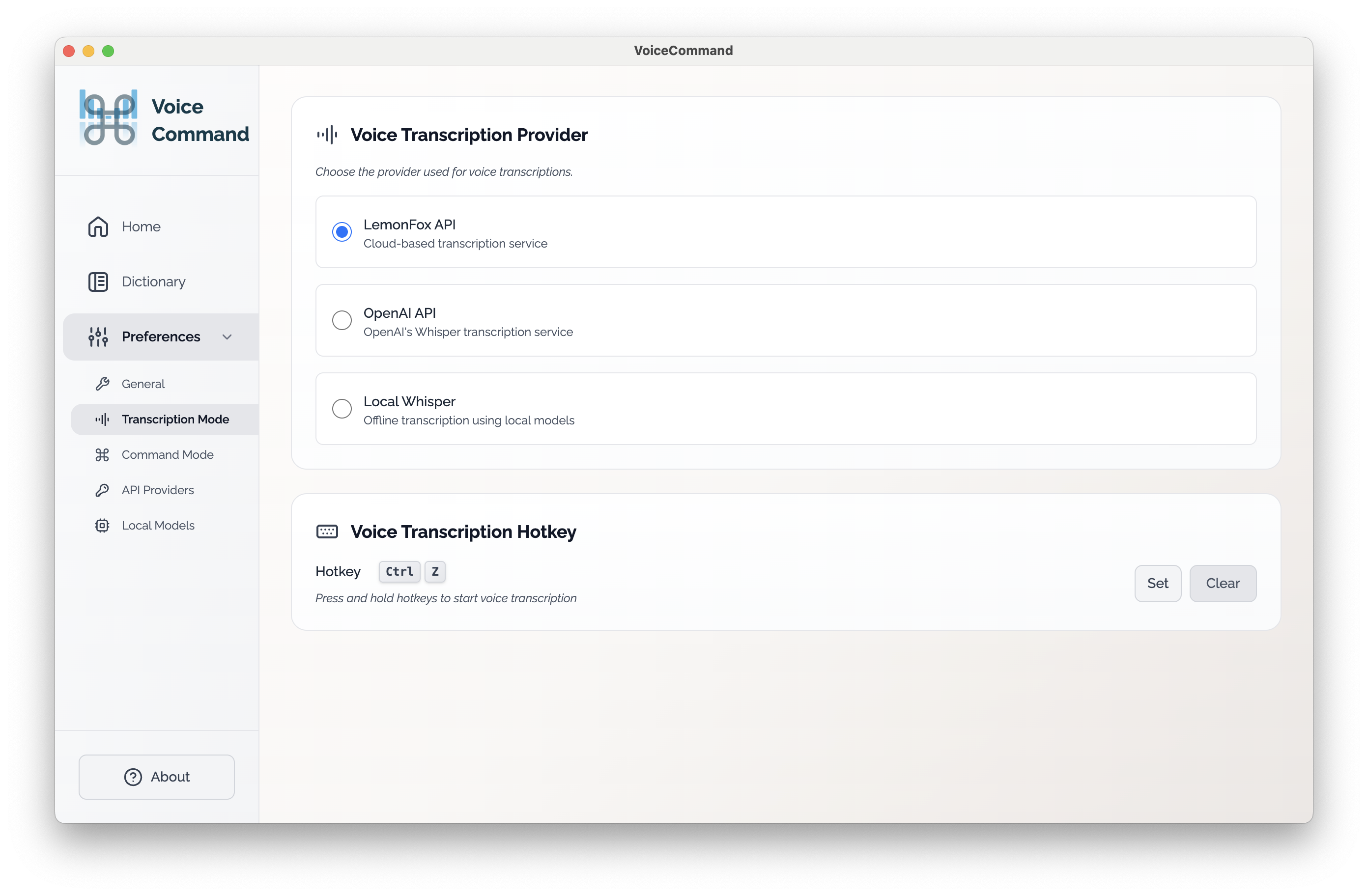 API provider settings